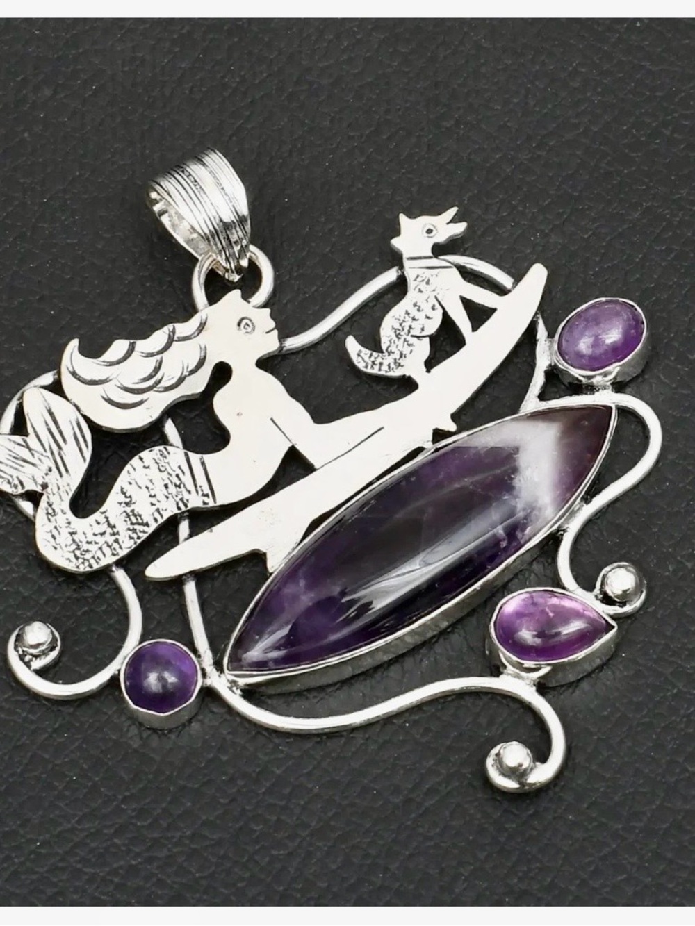 2 inch, 925 marked, Purple Amethyst, with silver,Mermaid and dog on serf board.